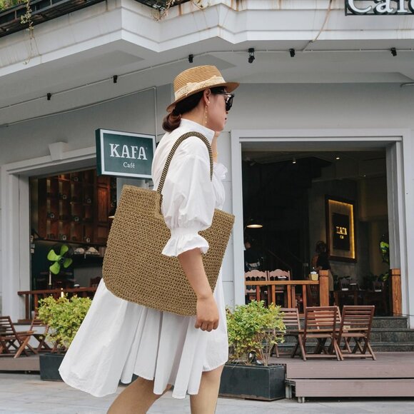 Women's B-brown Large Straw Beach Bag Handmade Woven Shoulder Hobo Tote Handbag - Picture 5 of 5